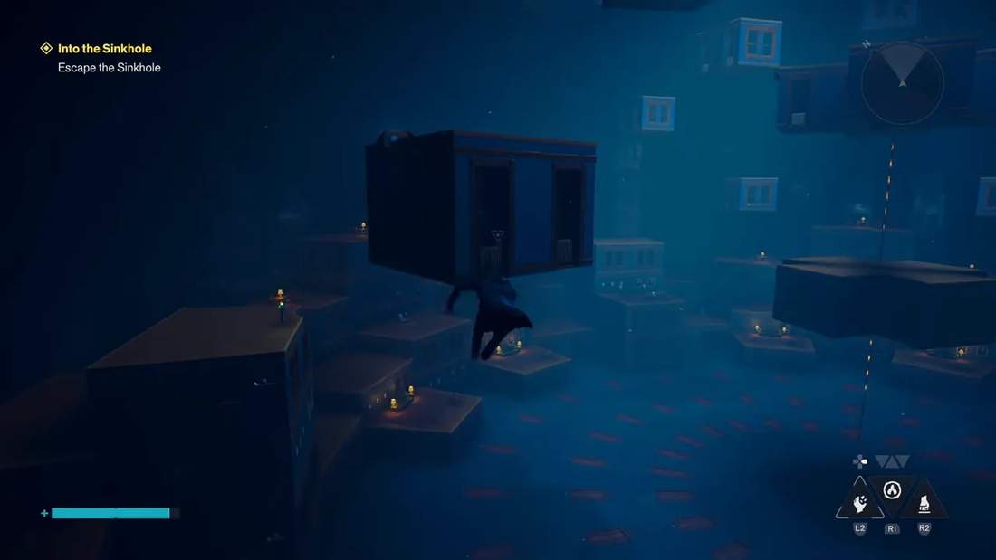 Character jumping between floating block platforms in a blue void