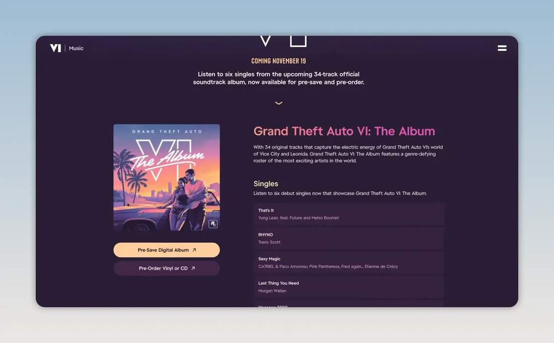 Grand Theft Auto VI The Album page with album cover, single list and preorder button