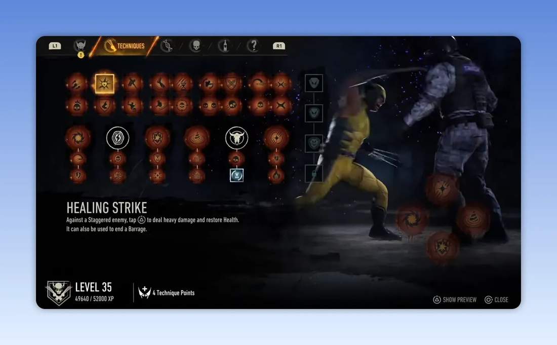 Healing Strike skill highlighted in the Wolverine skill tree
