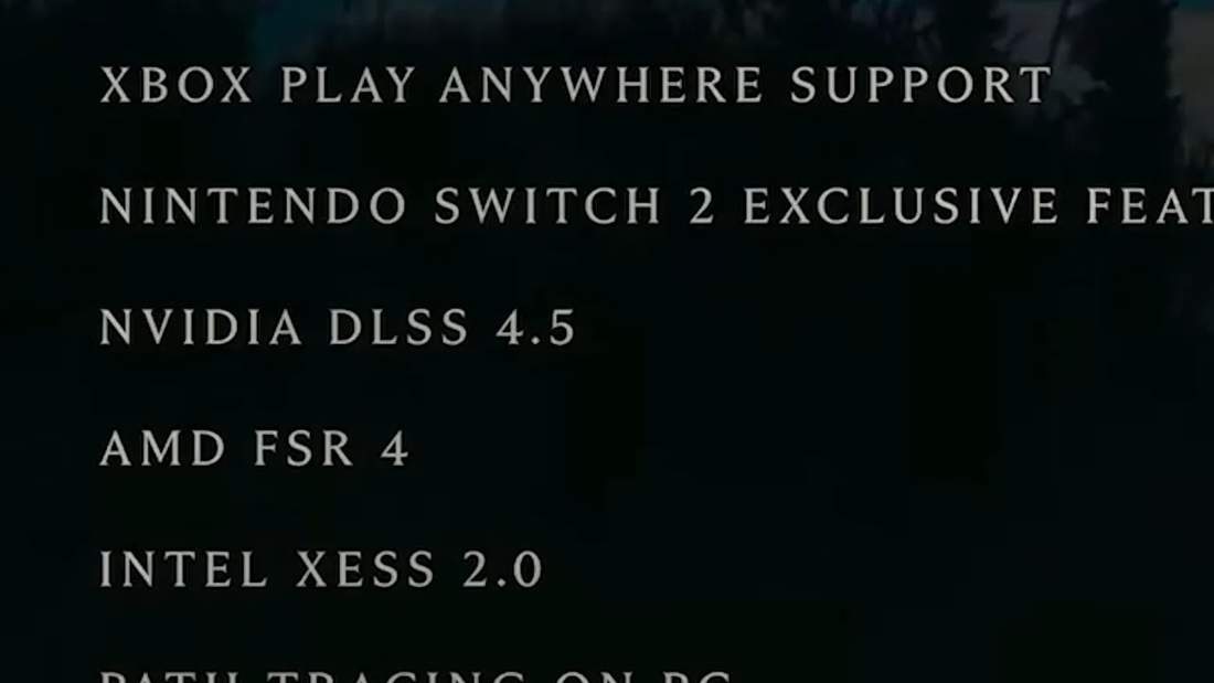 Feature list showing XeSS 2.0, path tracing on PC, ray reconstruction and raytraced hair