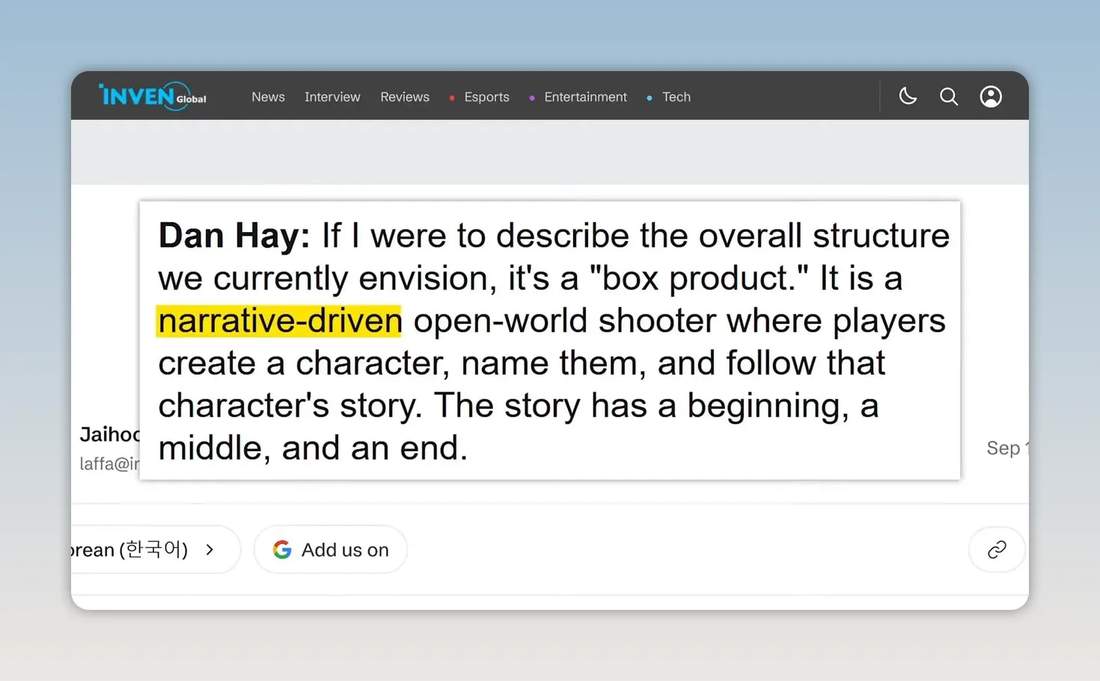 Article quote describing StarCraft as a narrative-driven open-world shooter