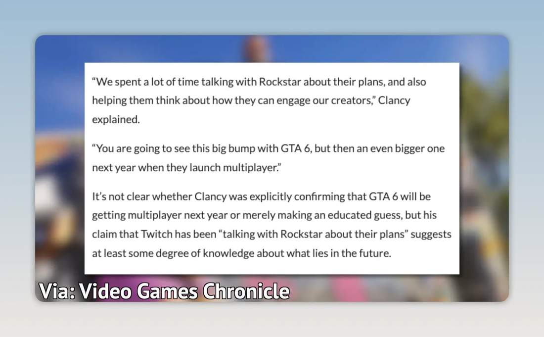 On-screen quotation about Twitch talking with Rockstar and GTA 6 multiplayer launching next year