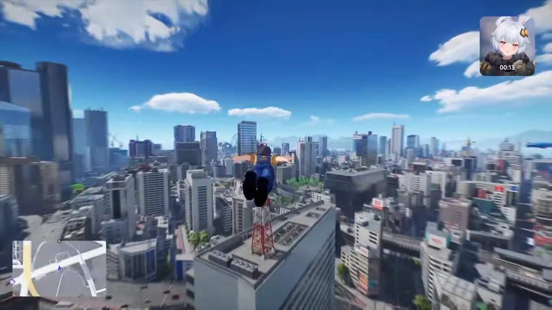 Anime-styled character suspended above a dense city skyline