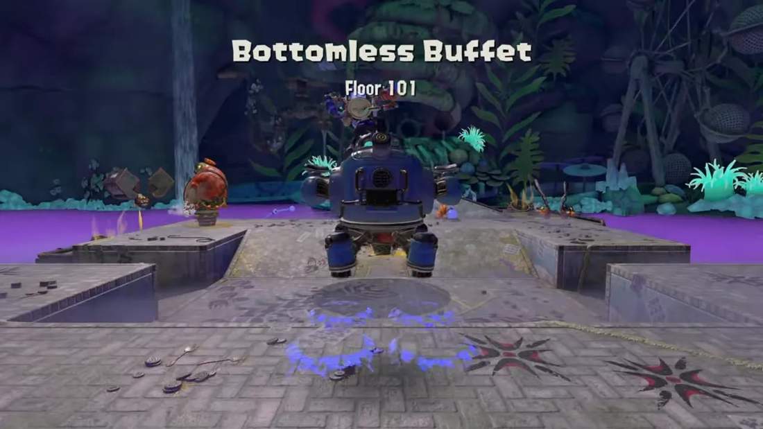 Bottomless Buffet Floor 101 title displayed above an arena with purple ink