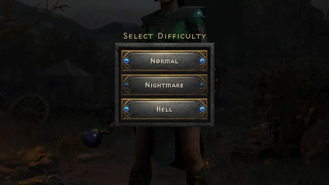 Diablo II difficulty menu listing Normal, Nightmare and Hell