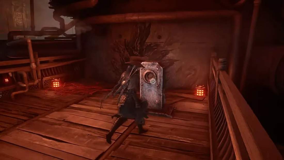 Character beside a rectangular furnace mechanism with a circular interaction point