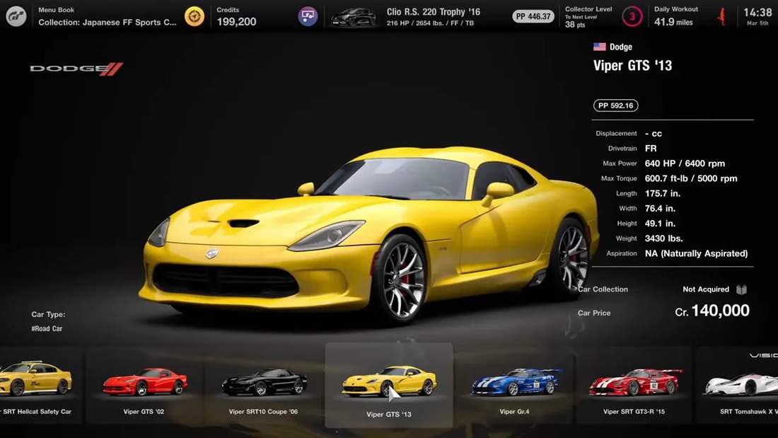 Gran Turismo 7 dealership displaying a blue Viper Gr.4 priced at 350,000 credits