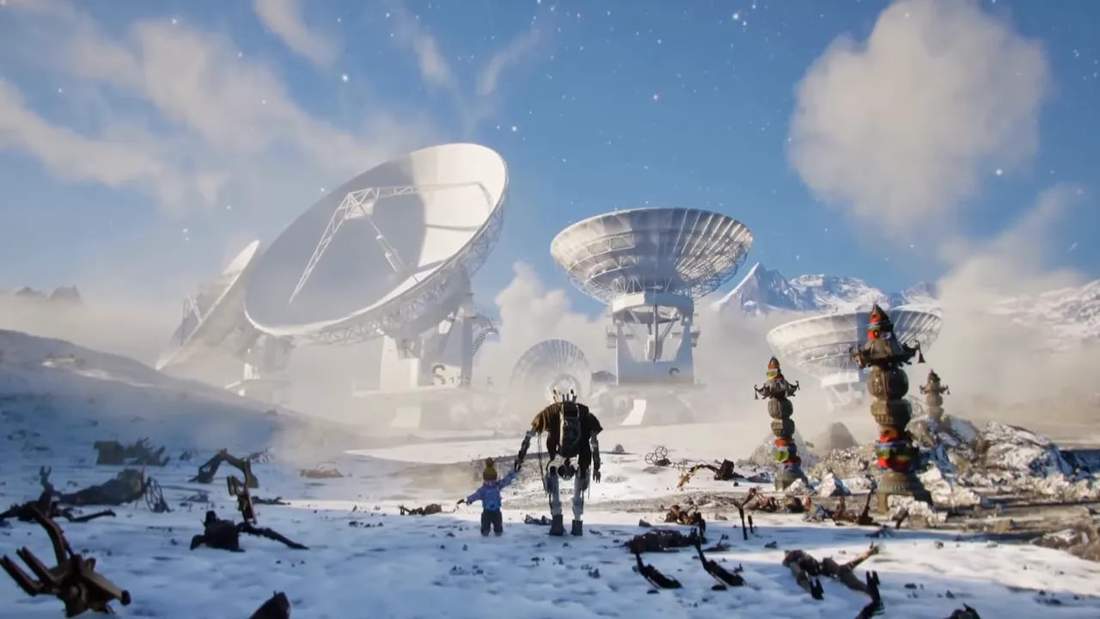 Snow-covered landscape with humanoid figures and enormous satellite dishes