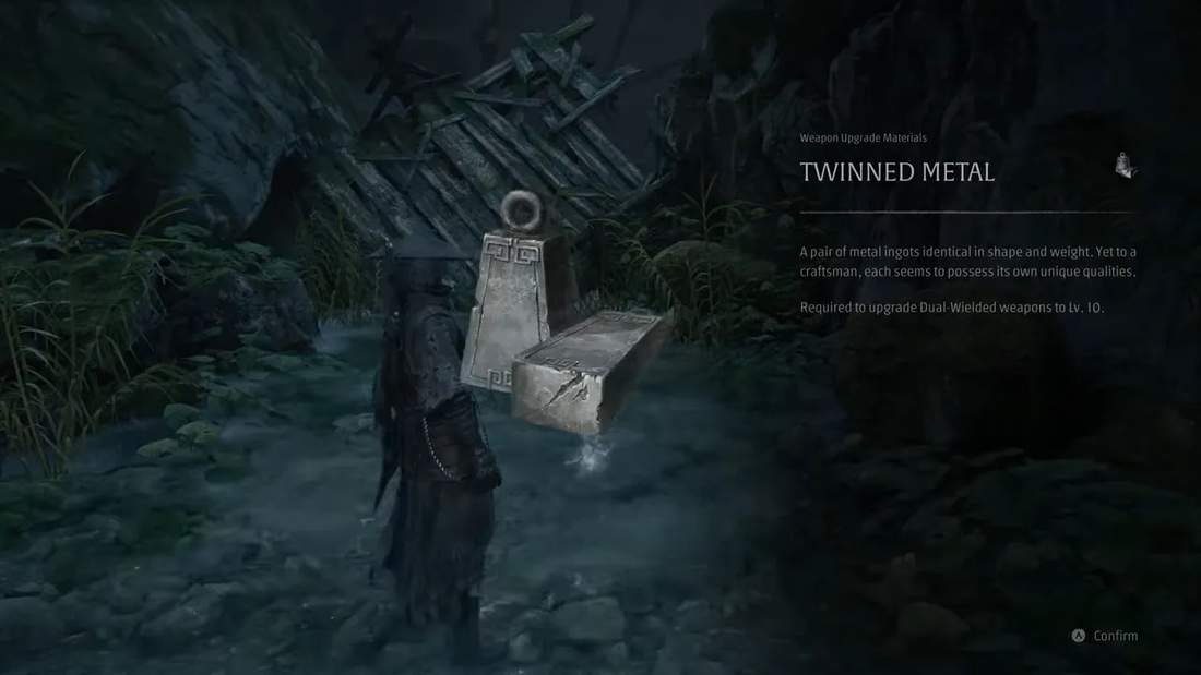 Soul stands beside an item pickup with a Twinned Metal information panel on screen